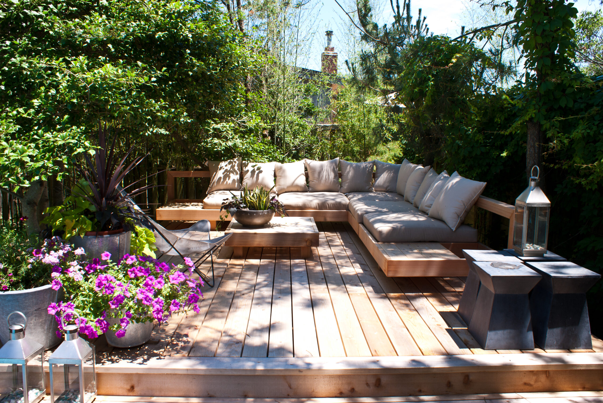 beach architecture: deck with sofas and table